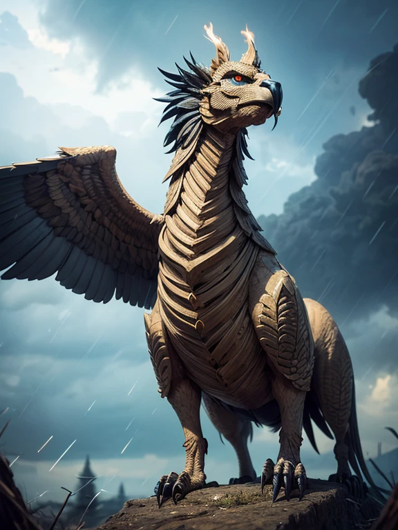 A Griffin，Mythological Griffin，Griffin skeleton, Glowing blue eyes，Glowing steel blue tail, four lions feet for iron Claws, two feathered wings one on each side of the body, Bright colors, in the storm，Very detailed, Realistic photos