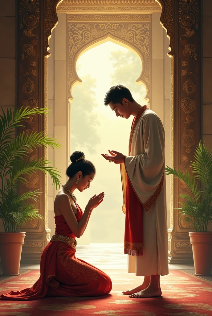 A woman bows to a man's feet. Thai