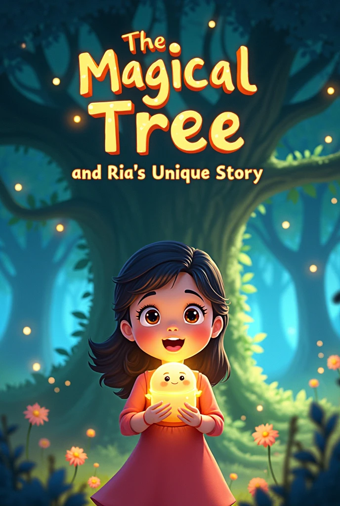 Create a vibrant and magical thumbnail that captures the essence of a heartwarming children's story. In the foreground, depict a joyful named Ria with wide, amazed eyes holding a small glowing doll. Surrounding her, show a large, mystical tree with glowing leaves and a soft, magical aura emanating from it. The background should include a lush, enchanted forest with twinkling lights and sparkles. Include the title text in bold, playful fonts: "जादुई पेड़ और रिया की अनोखी कहानी" at the top, and "प्रेरणादायक और दिल को छू लेने वाली" at the bottom in a smaller, complementary font.