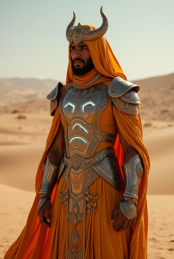 Create a Outfit model , with a theme "Sand King".... Keep some white glowing inner armors , keep it very attractive... Also include a headgear with matching style