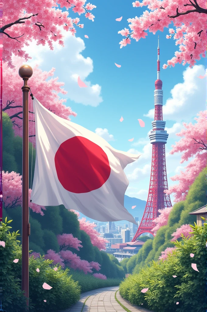 Picture for presentation including japan flag, sakura flowers, tokyo tower and nature