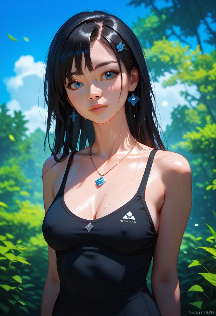 score_9_up,score_8_up,score_7_up,score_6_up,score_5_up, 1girl, solo, ((best quality)), ((masterpiece)), ((realistic)), black clothes, black hair, blue eyes, Asian, sweaty, (:0.7), medium breastsace, barrette, summer, nature, hot weather, blue sky