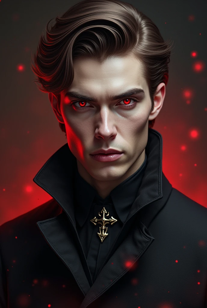 Tremere clan man, red eyes, brown hair and elegant hairstyle. image of a realistic person