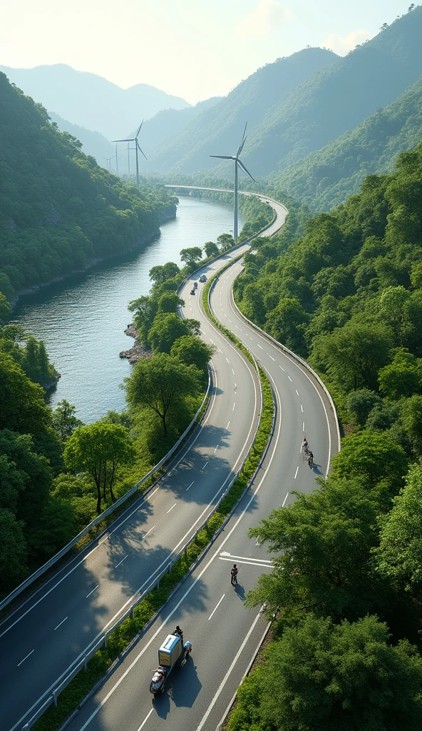 Create a detailed and visually appealing AI-generated image of the Ganga Expressway, emphasizing green and sustainable elements. The scene should feature:
