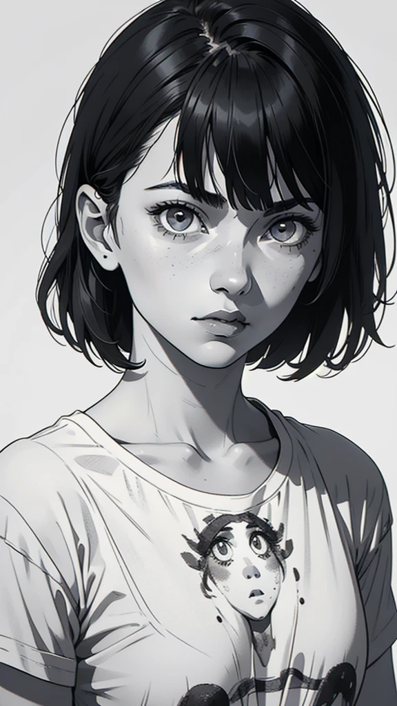 1 boyish girl, solo, sharp eyes, expressionless, monochrome, greyscale, short black hair, portrait, white T-shirt, closed mouth, looking at viewer, graphite \(medium\), detailed lips, hatching \(texture\), without makeup, bangs, upper body, (best illustration), (best quality), (very detailed), (masterpiece), expressionless,