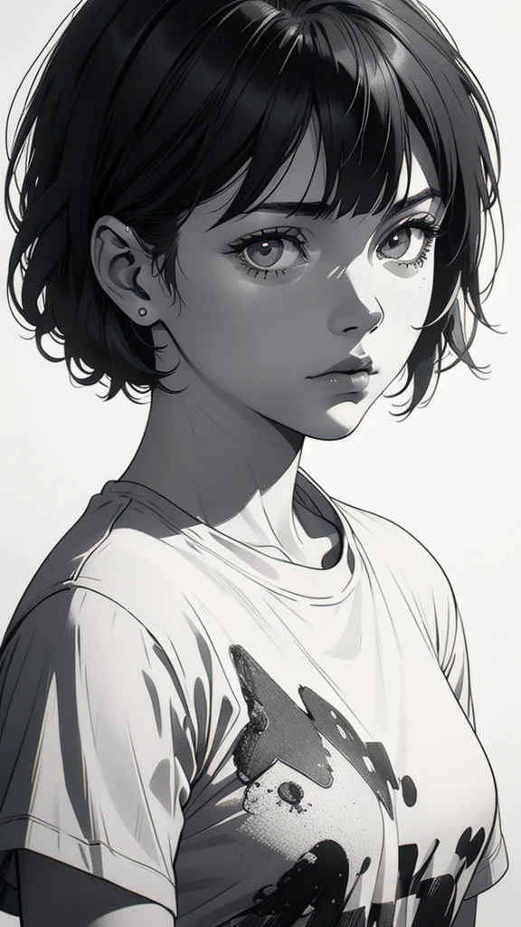 1 boyish girl, solo, sharp eyes, expressionless, monochrome, greyscale, short black hair, portrait, white T-shirt, closed mouth, looking at viewer, graphite \(medium\), detailed lips, hatching \(texture\), without makeup, bangs, upper body, (best illustration), (best quality), (very detailed), (masterpiece), expressionless,