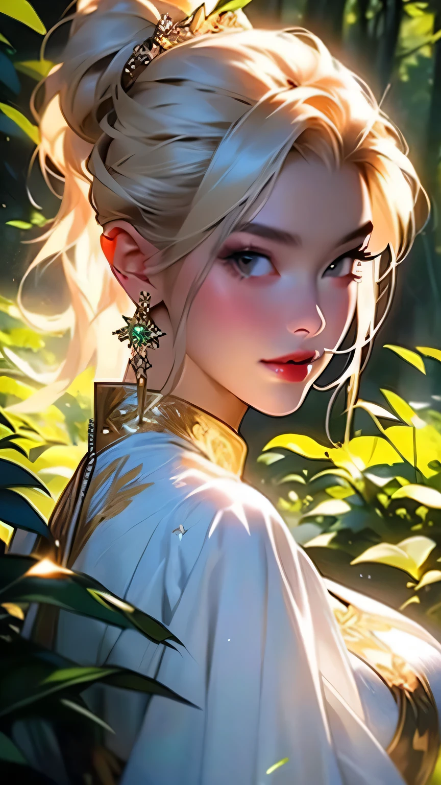 (((Face close-up)))、(((masterpiece, Highest quality, High resolution, Attention to detail)))), One, ((Fantasy)))), (A peerless beauty)))), (White short skirt with gold embroidery), (Long blonde ponytail:Dumpling1), (Shiny, dark black eyes), (Green surcoat with gold embroidery), big, (((at night forest)), (Many beautiful flowers are blooming)), Sit in a chair and look here , Particles of light flying、(((Face close-up)))、Face close-up