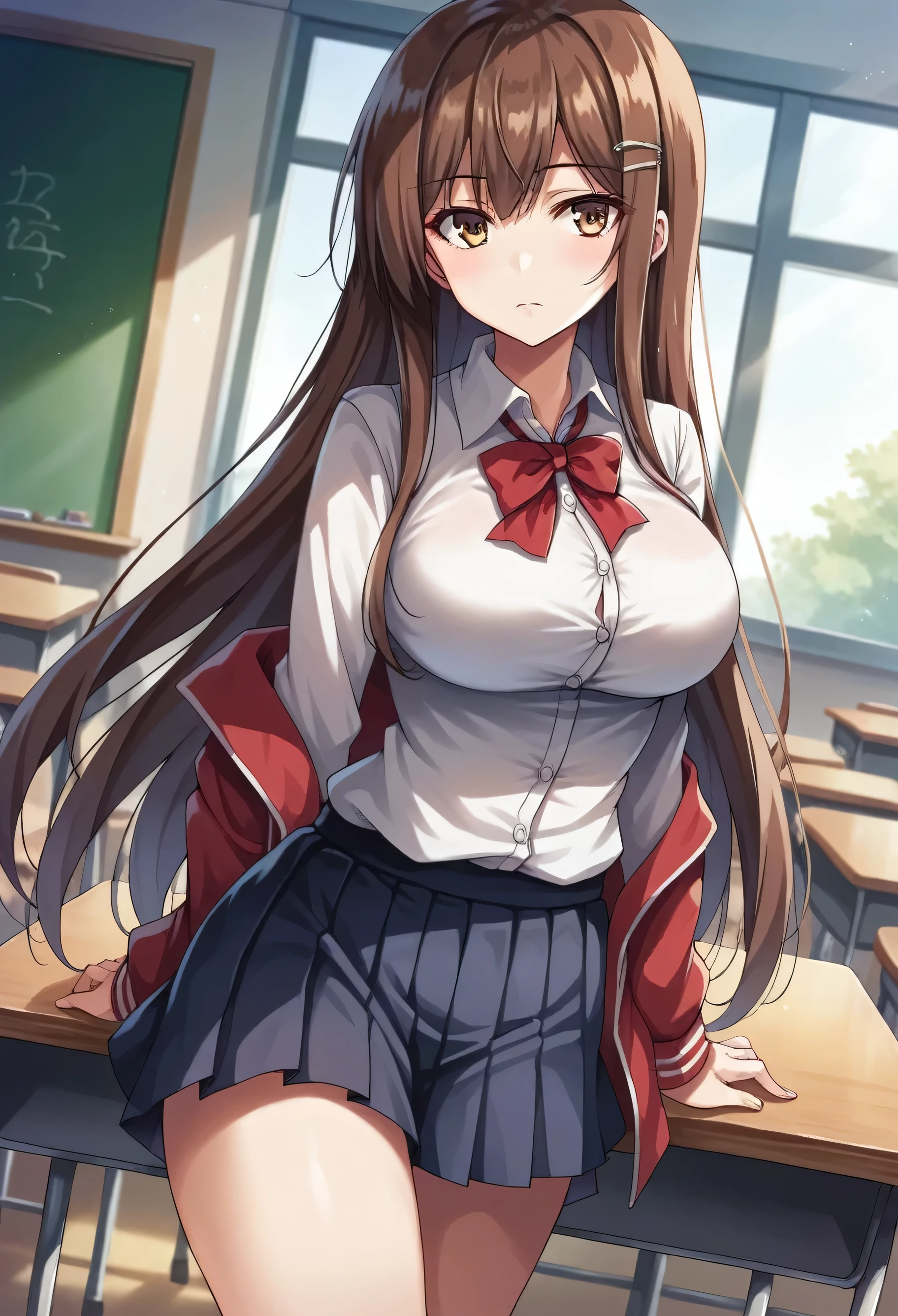 Ayanokouji Kiyotaka cambia and niña, Youkoso Jitsuryoku Shijo Shugi no Kyoushitsu e, Tomose Shunsaku, 1 girl, alone, High resolution, dutch angle, very long hair, Brown hair, golden brown eyes, Stripe, Stripe partido, expressionless, Closed mouth, big breasts, neckline, clavicle, White shirt, Red school jacket, buttons, White pleated skirt, Black sheer long socks, looking at the viewer, hand on waist, standing, thigh gap, legs, classroom, day full of light, desk, window, masterpiece , Best Quality, Best Quality, Amazing, beautiful detailed eyes, finely detailed, depth of field, Extremely detailed CG unity 8k wallpaper, whole body. 