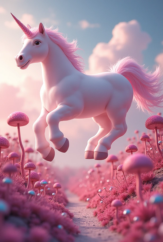 A pink world with clouds shaped like breasts. Flying unicorns that jump around and fart colorfully. Flowers shaped like spiky magic mushrooms in realistic picture