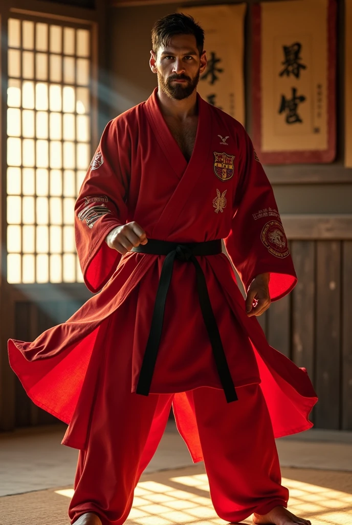Messi as a Karate king wearing red dress