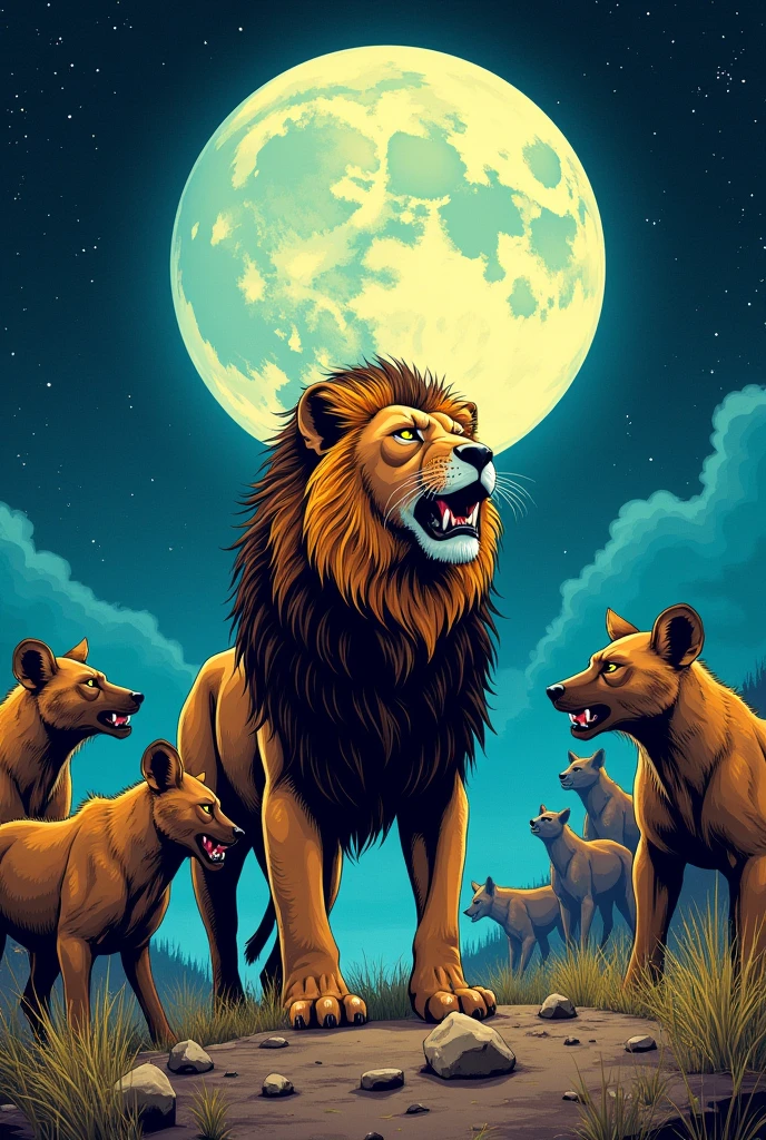 A pack of hyenas leering at the lion, The lion is standing in the center looking around in a defensive posture. The sky has a huge moon and lots of stars around it., I want the scene to convey suspense and mystery. comic book style. 