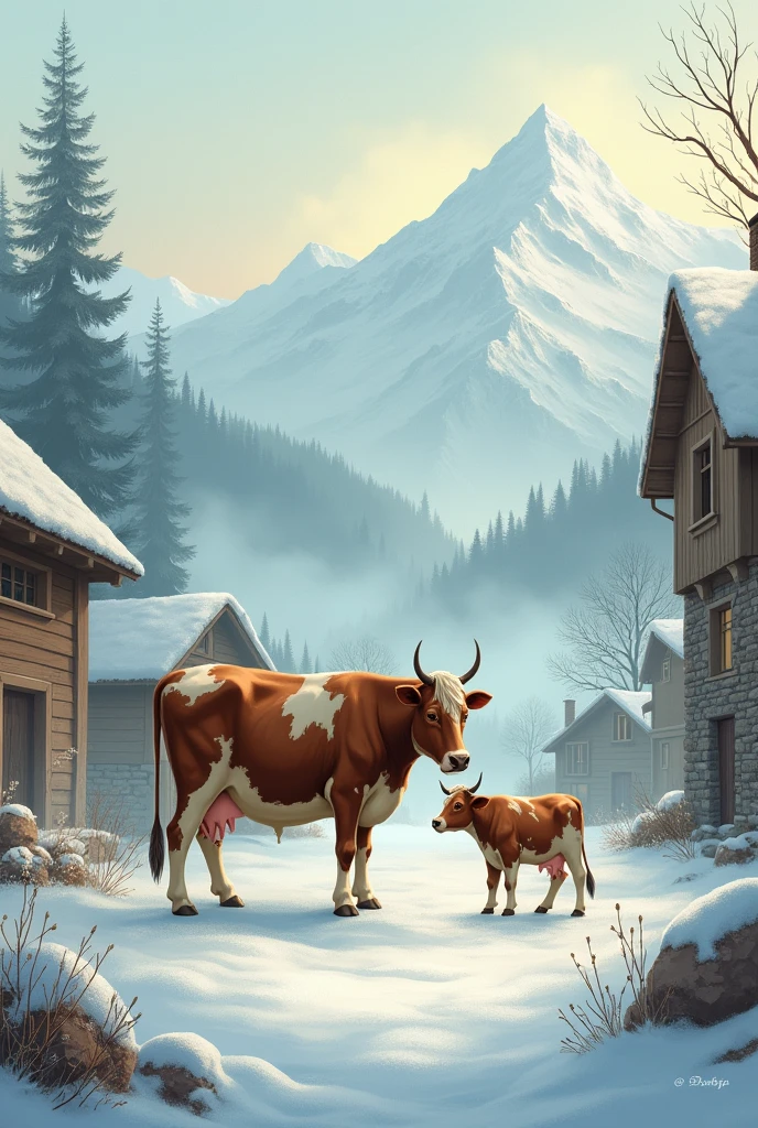 Cow with a calf in beautiful mountain village feeding milk and foggy early morning in early winter days