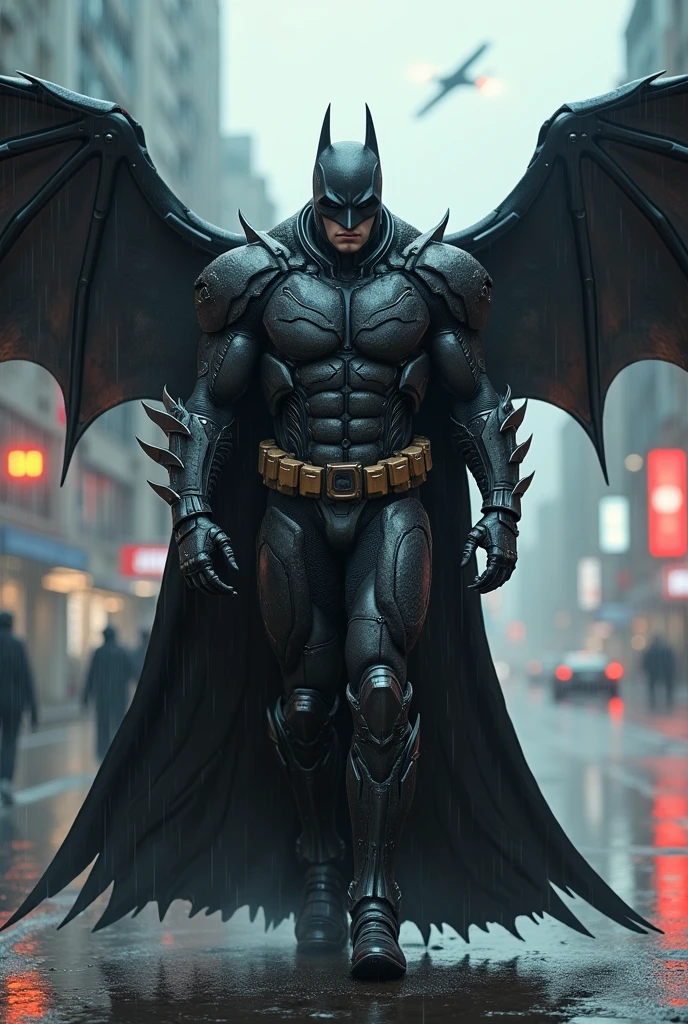 Adamantium, SilverHawk, Tron, Hybrid Vibranium Draculian Batman Armor, Robo, Ultraman, Asgardian, Thanagarian Legions, Ninja, Nosferatu, athletic cyborgs, Amazonian Raven of 90th century, Dracul Samurai muscular Hulk Buster LED humanoid, rainy, wet scene, Batwing, Galaxy Bi-Wing Star Cruiser, Blade Runner mega cityscape holding 9965 A.D. advanced star wars blasters, Kyber railguns & ancient H. R. Giger, Gears Of War Mega guns, Dune, Things To Come, quetzal armored streamline forms, advanced futu