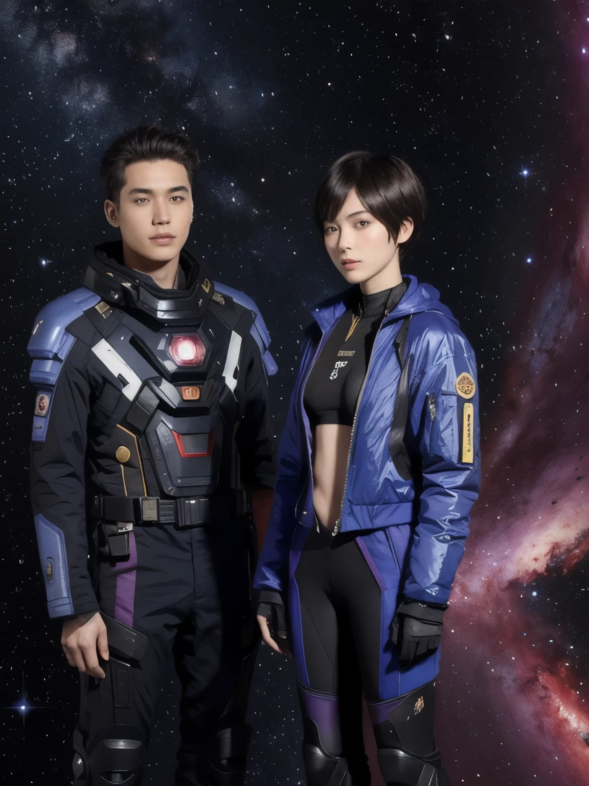 277 (20-year-old woman,short hair), (20-year-old male), Are standing, flower, Futuristic clothing, machinery suit, (The background is a galaxy and nebula)