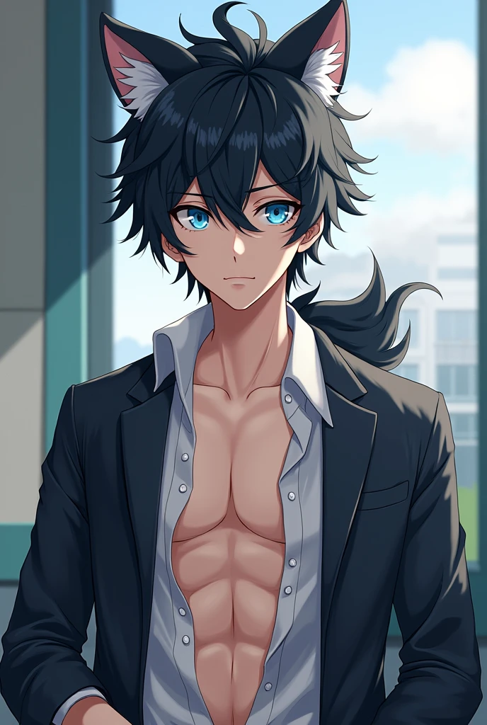 Guy, anime, black hair, blue eyes, school uniform, abs, young, light skin, wolf ears, wolf tail, handsome