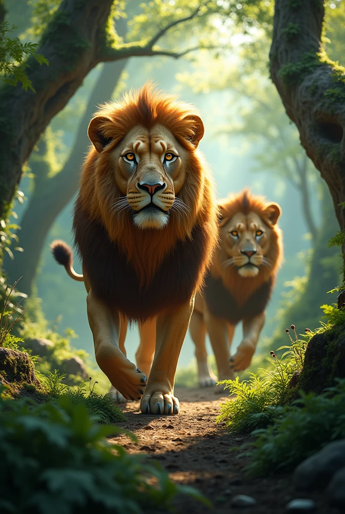 Two lions in forest 