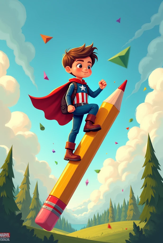 Crée une illustration vecteur d’un garçon fantaisiste réaliste déguiser en super-héros 'Captain America' de Marvel , monté sur un crayon géant comme une fusée. Le est équipé d'un sac à dos , prêt pour une aventure éducative. L’arrière-plan est un paysage où on voit une école au loin , derriere lui de divers objets scolaires comme des calculatrices, des cahiers et des formes géométriques flottant dans un espace aux couleurs pastel douces pour évoquer un environnement d’apprentissage ludique et créatif., photorealism: 1.2, beauté