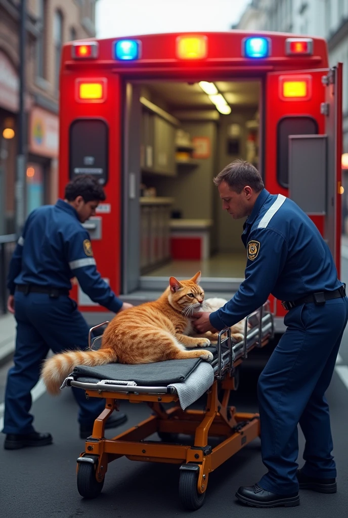 An ambulance arrives with flashing lights and sirens (real or simulated). Paramedics assist the mother cat, placing her on a stretcher and into the ambulance.