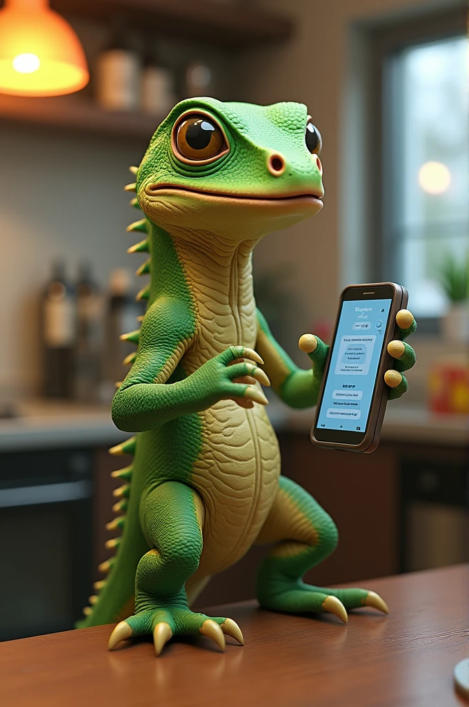 A lizard using a cell phone to order a burger 