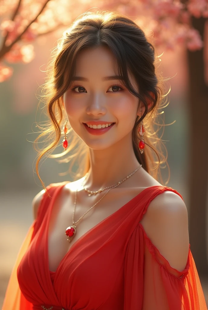 creates a beautiful, smiling Asian girl, wearing a red dress, full-body