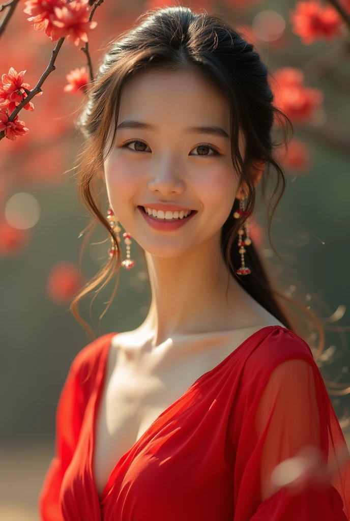 creates a beautiful, smiling Asian girl, wearing a red dress, full-body