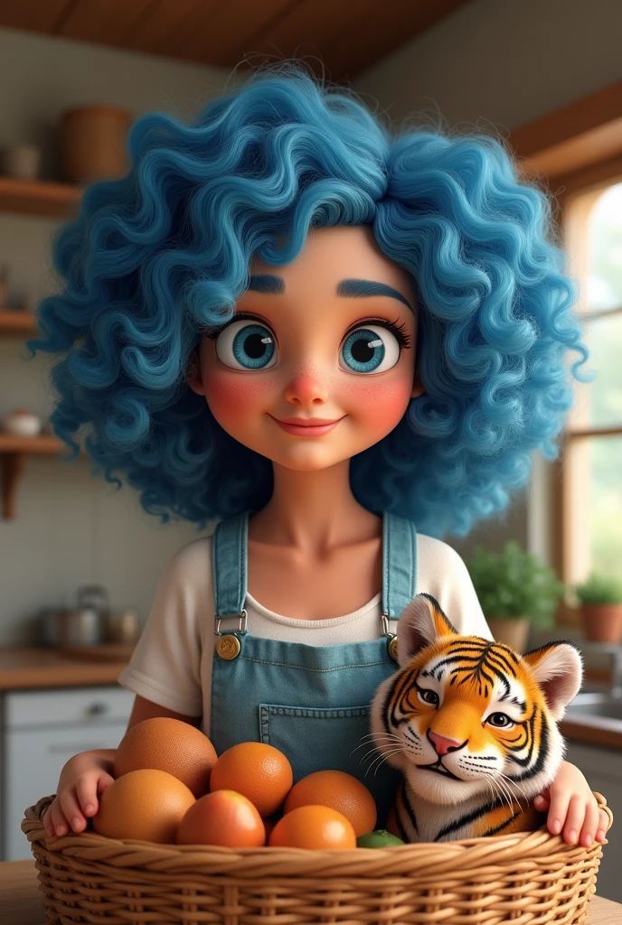 30 age girl with blue very curly hair and blue eyes
with smiling lips,
Next to an old basket inside
Little Tiger is beautiful
In the kitchen
style 3D