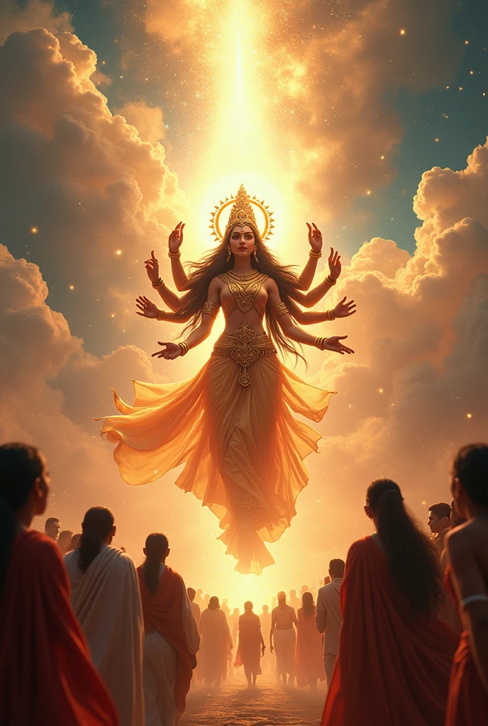 **make it cenamatic Devi Durga’s Arrival**: Devi Durga descending from the heavens, surrounded by divine light and celestial beings.