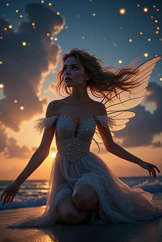 a fairy girl sitting on the beach, sunset light everywhere, golden stars falling from the sky, beautiful detailed eyes, beautiful detailed lips, extremely detailed face and features, long eyelashes, flowing hair, elegant dress, serene expression, photorealistic, 8k, highly detailed, vivid colors, dramatic lighting, cinematic, fantasy, magical realism