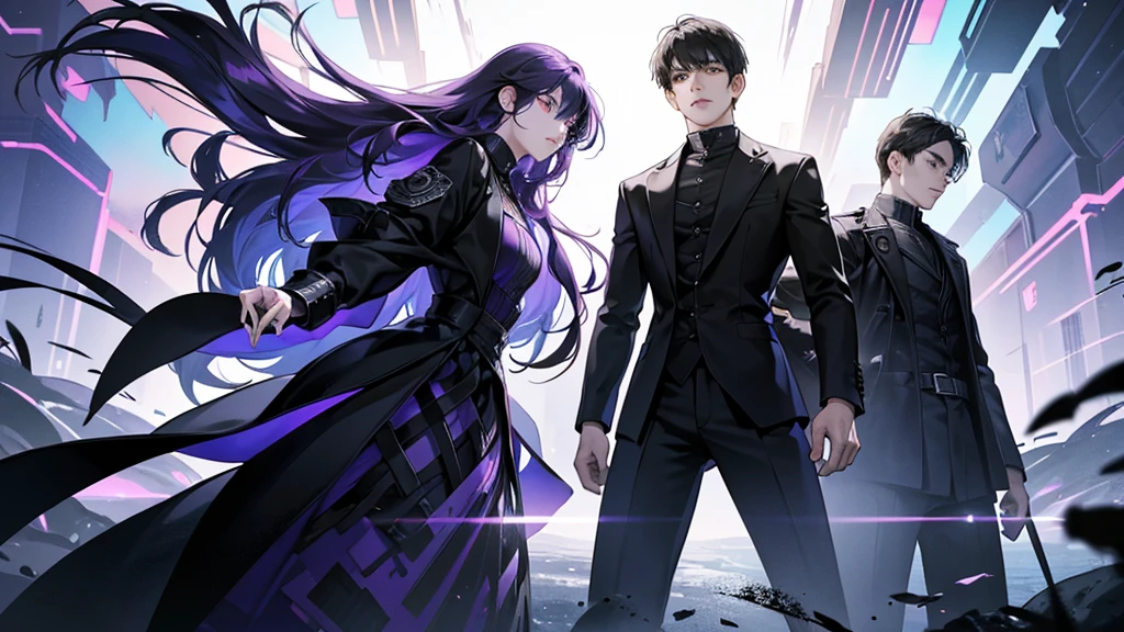 Create an image of the Stranger clan: a diverse group of a man, woman, girl, and boy gathered together. Each exudes an air of mystery, with piercing, glowing eyes and sleek, modern clothing accented by shifting, otherworldly patterns. The setting is surreal, with floating shapes and a dreamlike atmosphere, emphasizing their enigmatic presence.