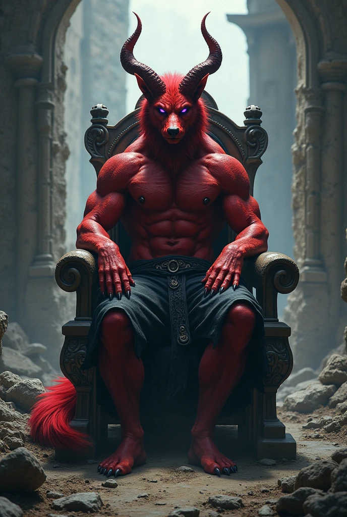 Wolf fur(Red color y negro), red devil&#39;s tail, teenager(athletic), medieval clothing(black color), musculino(teenager), ram horns(Red color),Alone (Posing), Violet Wolf Eyes, delgado(skinny), man, Sitting on a throne, ruined castle background.