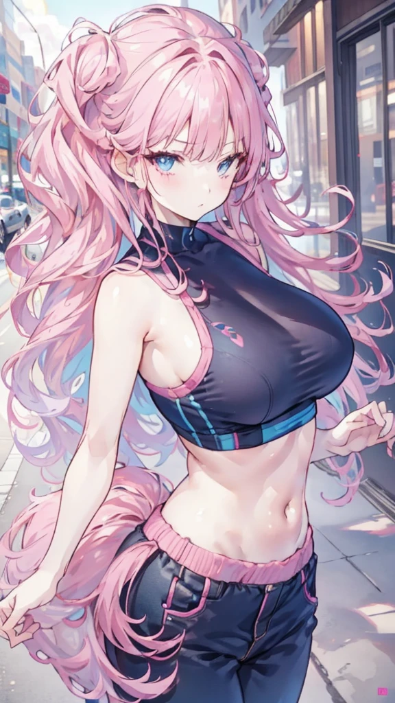 1 Girl,  Pink hair, long hair，Double tail, blue eyes, Wearing a sports bra， Large Breasts,,long legs, on the street