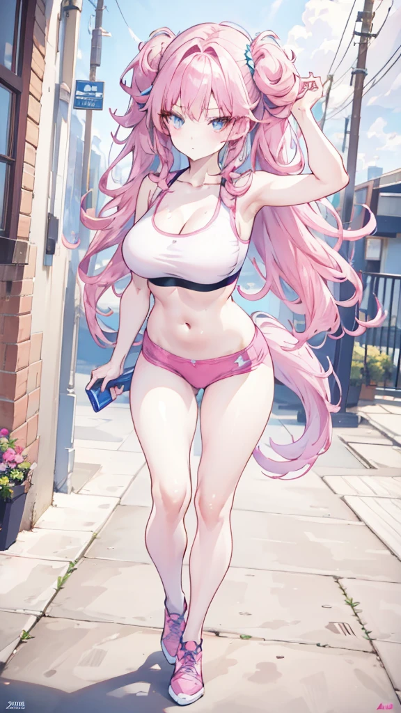 1 Girl, Pink hair, long hair,Double tail, blue eyes, Wearing a sports bra, Large Breasts,,long legs, on the street