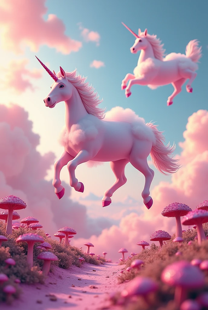 A pink world with clouds shaped like breasts. Flying unicorns that jump around and fart colorfully. Flowers shaped like spiky magic mushrooms in realistic picture