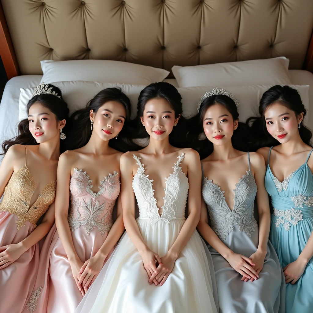 Five beautiful brides. The first Thai bride is 18-19 years old, wearing a white and gold wedding dress with a Thai pattern. The second Laotian bride is 18-1, wearing a white and silver wedding dress with a lace pattern. The third Japanese bride is 19-20 years old, wearing a grey wedding dress with a cloud pattern. The fourth South Korean bride is 20-21 years old, wearing a pink wedding dress with a swan pattern. The fifth Taiwanese bride is 20-2, wearing a blue wedding dress. The bride is lying on the bed, posing for a photo, smiling beautifully.