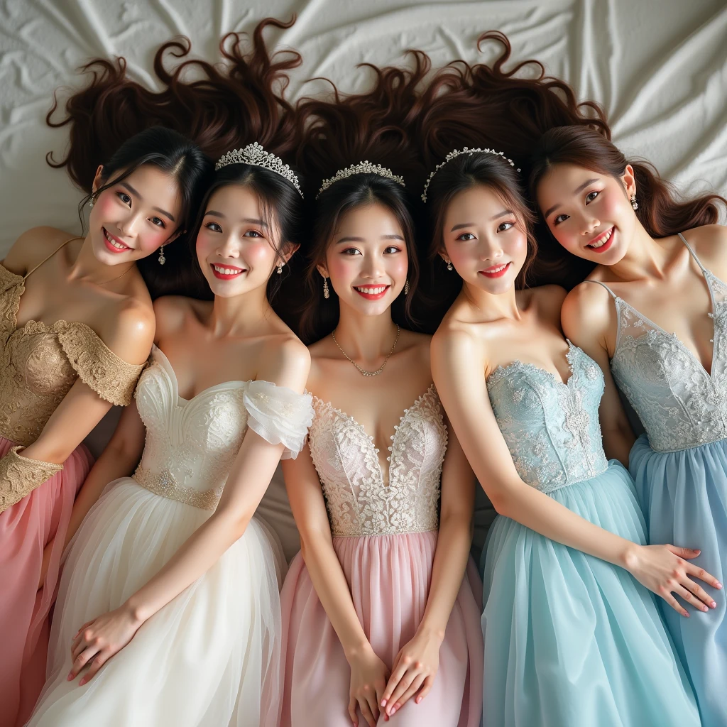 Five beautiful brides. The first Thai bride is 18-19 years old, wearing a white and gold wedding dress with a Thai pattern. The second Laotian bride is 18-1, wearing a white and silver wedding dress with a lace pattern. The third Japanese bride is 19-20 years old, wearing a grey wedding dress with a cloud pattern. The fourth South Korean bride is 20-21 years old, wearing a pink wedding dress with a swan pattern. The fifth Taiwanese bride is 20-2, wearing a blue wedding dress. The bride is lying on the bed, posing for a photo, smiling beautifully.