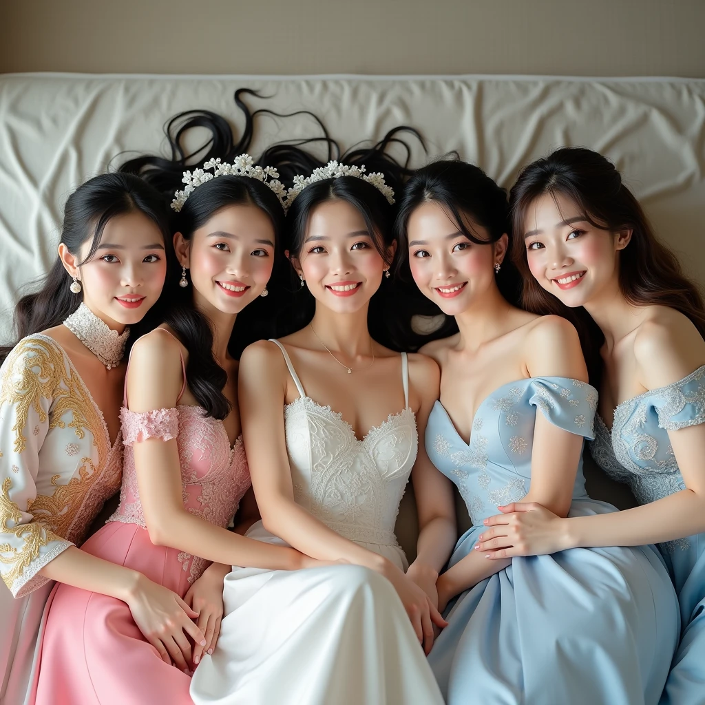 Five beautiful brides. The first Thai bride is 18-19 years old, wearing a white and gold wedding dress with a Thai pattern. The second Laotian bride is 18-1, wearing a white and silver wedding dress with a lace pattern. The third Japanese bride is 19-20 years old, wearing a grey wedding dress with a cloud pattern. The fourth South Korean bride is 20-21 years old, wearing a pink wedding dress with a swan pattern. The fifth Taiwanese bride is 20-2, wearing a blue wedding dress. The bride is lying on the bed, posing for a photo, smiling beautifully.