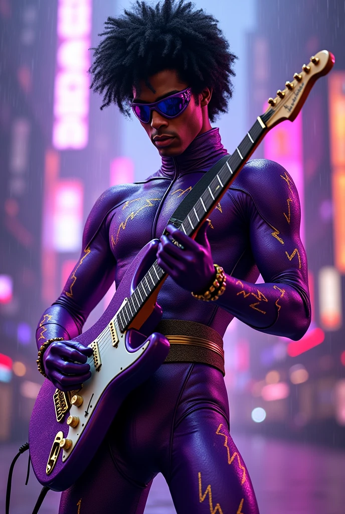 Purple rain super hero suit with prince's face and electric guitar