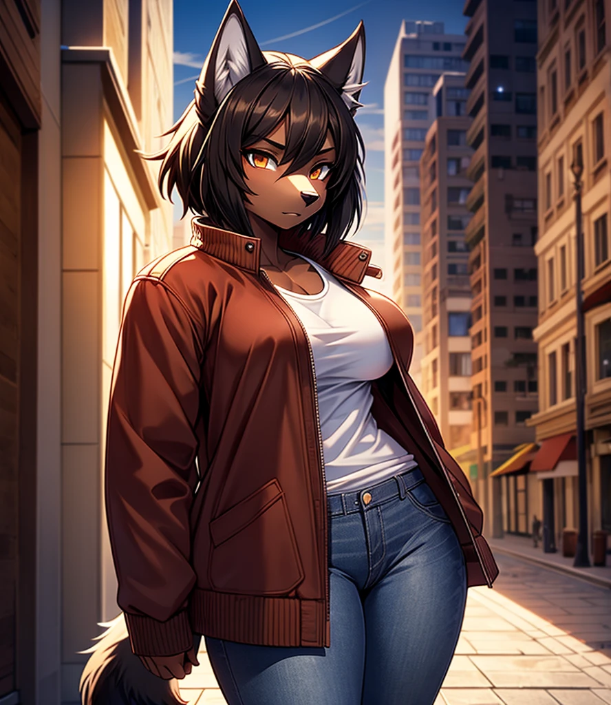 By r-mk, ((Wolf)) (woman) ((brown skin)) standing straight, red cotton jacket, white t-shirt, jeans, black hair, [[serious face]], female eyes, tall woman (furry), (muscles), 30 years old, [medium size breast], ((cotton jacket)), [[short hair]], detailed face, good anatomy, well illuminated, sidewalk, ondulated hair, [wolf snout], solo, [face close up], short wolf tail, 2d