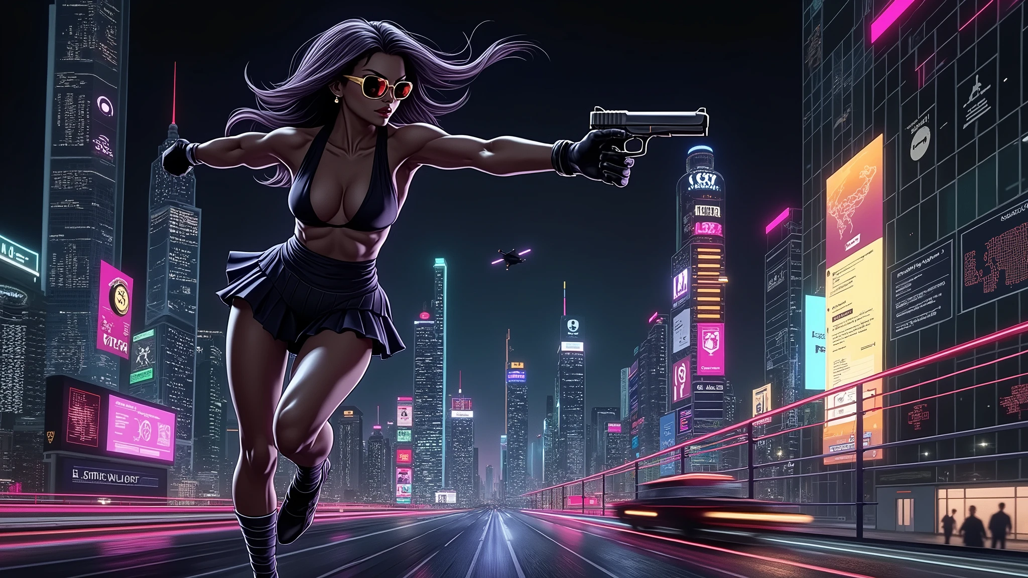 Futuristic cityscapes with colorful all-glass outlined towering skyscrapers with lightning, flying vehicle. High-resolution OLED GUI interfaces in the building, The windows are filled with transparent data visualization infographics that show it all, from weather patterns to traffic flow. Colors are saturated and vibrant. At night, (1girl, solo, alone), photorealistic, large-breast slim:0.6 body, oval:0.5 face, cleavage:1.1, very low angle view of pleated miniskirt, deep-v, (upskirt), glove, (Matrix style black micro sunglasses), (aiming viewer with a short gun), dynamic running pose, (half-body thigh level close-up shot), cinematic lighting, ray tracing, motion blur background.