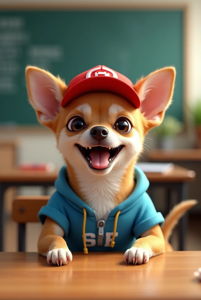 Make a Chihuahua dog who is smiling very wide he is wearing red cap and blue shirt he is sitting in a classroom real