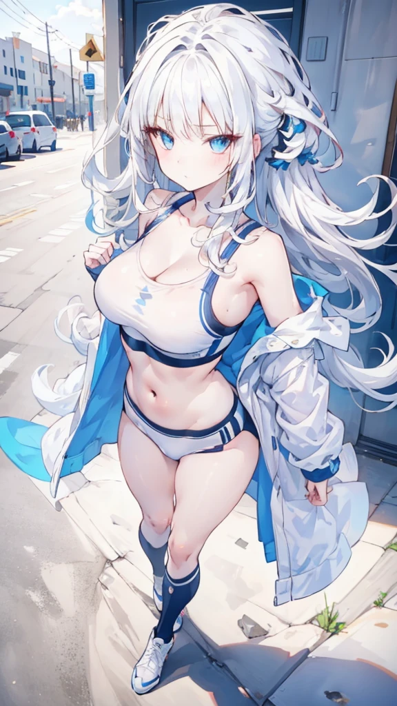 1 Girl, Little Lori,White hair,Double tail, blue eyes, Wearing a sports bra, Large Breasts,long legs, on the street