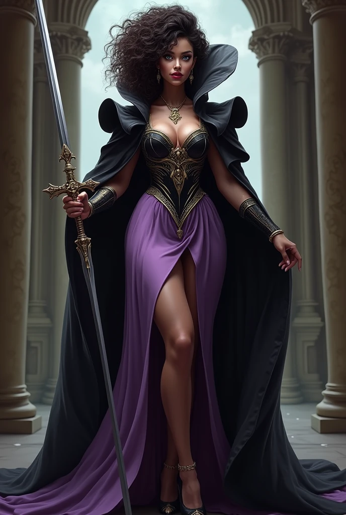 Evil queen with dark skin and green eyes, curly and voluminous hair, Wide nose, small eyes, Nice smile, small waist, big buttocks and medium tits, wearing a lilac and black dress with a slit in the leg wearing a black cape and a sword