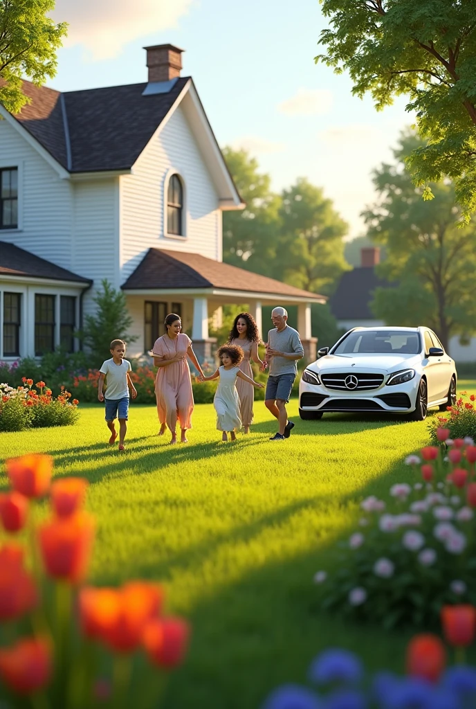 "A vibrant, life-like scene featuring a white-painted farmhouse with a large, lush green grassy yard. The garden is filled with various vibrant plants, flowers, and trees, creating a lively, colorful atmosphere. A sleek Mercedes car is parked alone in the driveway, reflecting the sunlight. In the garden, a family of six is enjoying their time together: two children, their parents, and grandparents. The children are playing energetically, the parents are laughing and interacting with them, and the grandparents are smiling, watching over the joyful scene. The entire family is relaxed and happy, with warm sunlight casting a gentle glow over the entire setting."

