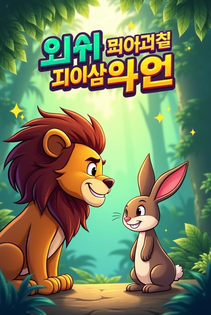 Design a playful and engaging thumbnail that highlights the cleverness and adventure in the story. In the foreground, feature a fierce-looking lion with an intense expression, facing a small, smart-looking rabbit (the clever hare) with a confident, sly smile. Position them near a deep well, hinting at the story's twist. Surround them with a vibrant, green jungle background, filled with lush trees and plants. Add some sparkles or comic-style effects to emphasize the "fun" and "wisdom" aspects. Include the title in bold, colorful fonts: "शेर और चालाक खरगोश की मजेदार कहानी" at the top, and "जंगल की बुद्धिमानी की कहानी" in a smaller font below.