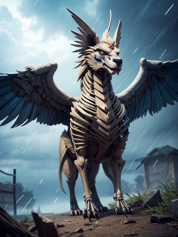A Griffin,Mythological Griffin,Griffin skeleton, Glowing blue eyes,Glowing steel blue tail, four lions feet for iron Claws, feathered wings, spread your wings, Bright colors, in the storm,Very detailed, Realistic photos
