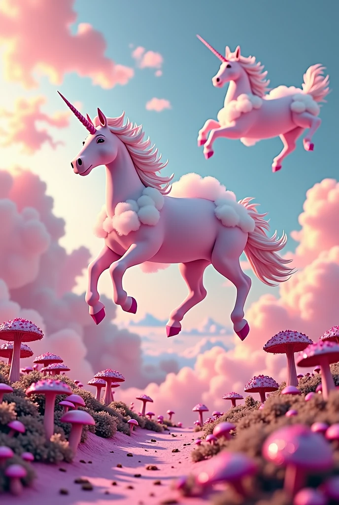 A pink world with clouds shaped like breasts. Flying unicorns that jump around and fart colorfully. Flowers shaped like spiky magic mushrooms in realistic picture