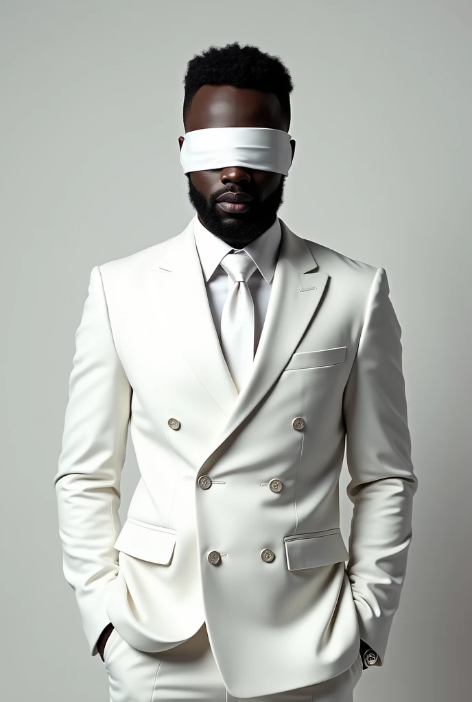 Black guy in a white suit and a blindfold