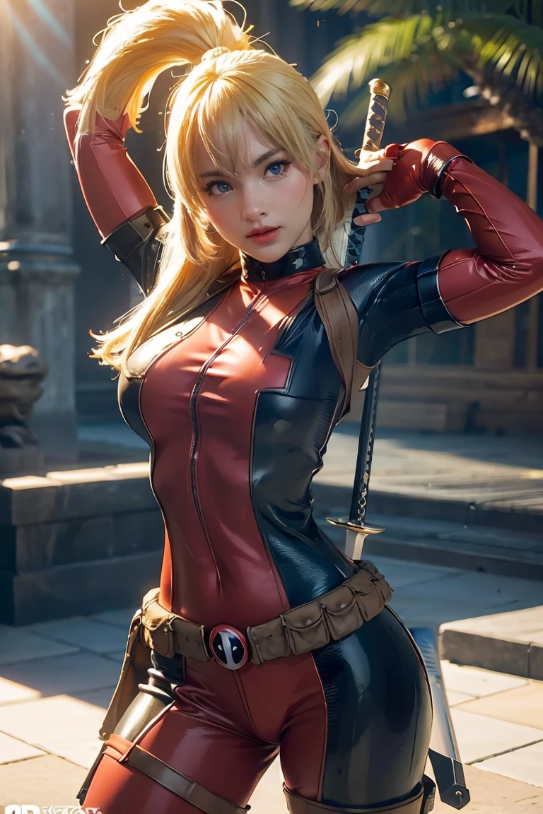 (((3d,CGI))) “cartoon art-style” realistic portrait of a sexy and busty female superhero character in the style of Deadpool, I have blonde hair., Wear tight clothing., holding a sword, Pose seductively and confidently, It is large, good figure., (best quality,4K,8ก,height,Masterpiece:1.2),Very detailed,(realistic,photorealistic,photo-realistic:1.37),Very detailed,Beautifully detailed eyes,Beautifully detailed lips,ดวงตาและใบหน้าที่มีรายVery detailed,Long eyelashes,Intricate costume details,dynamic light,Stunning shadow,bright colors,movie elements