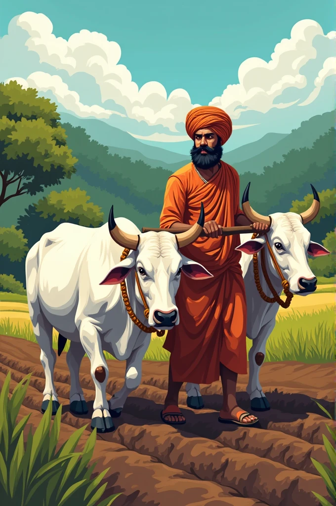 Create a vector art with a good looking farmer wearing pagdi and having a long desi mustache with two white bulls tied up with plough while tilting the land.