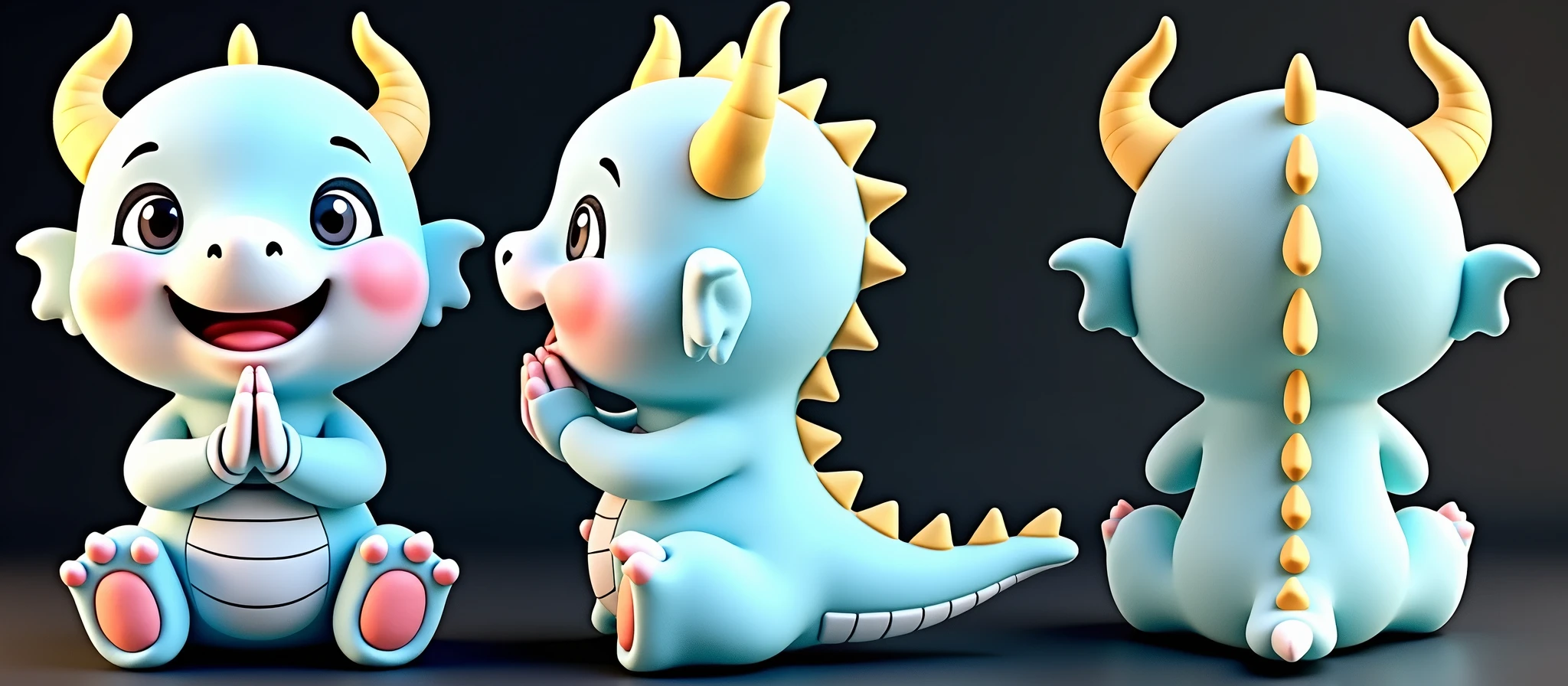 Cute cartoon baby dragon, with a pastel blue body, yellow horns, and pink claws, in a sitting pose on its hind legs like a cat, hands folded in a prayer position, and a white tail facing upwards. Three views are shown: front, side, and rear. The rendering style is c4d, with super high-definition details and a solid color background. This is a 3D modeling cartoon character design.